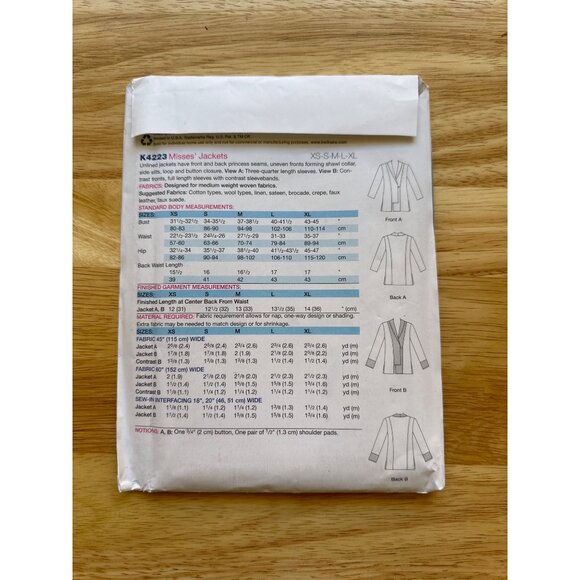 KWIK Women's Sewing Pattern Jacket Sizes XS - XL New UNCUT # K4223 - Picture 4 of 4